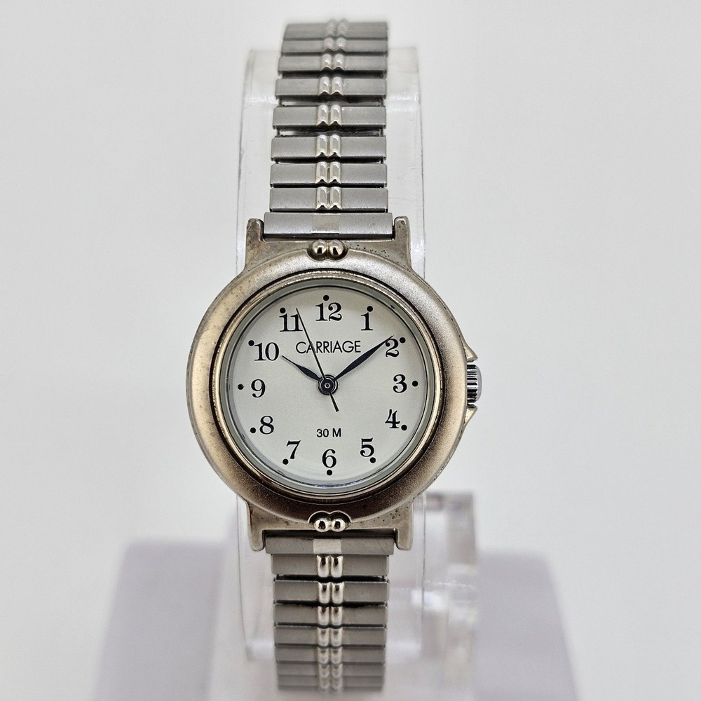 Carriage Timex Women's Watch 25MM White‎ Dial Gray Expansion Band 6" New Battery